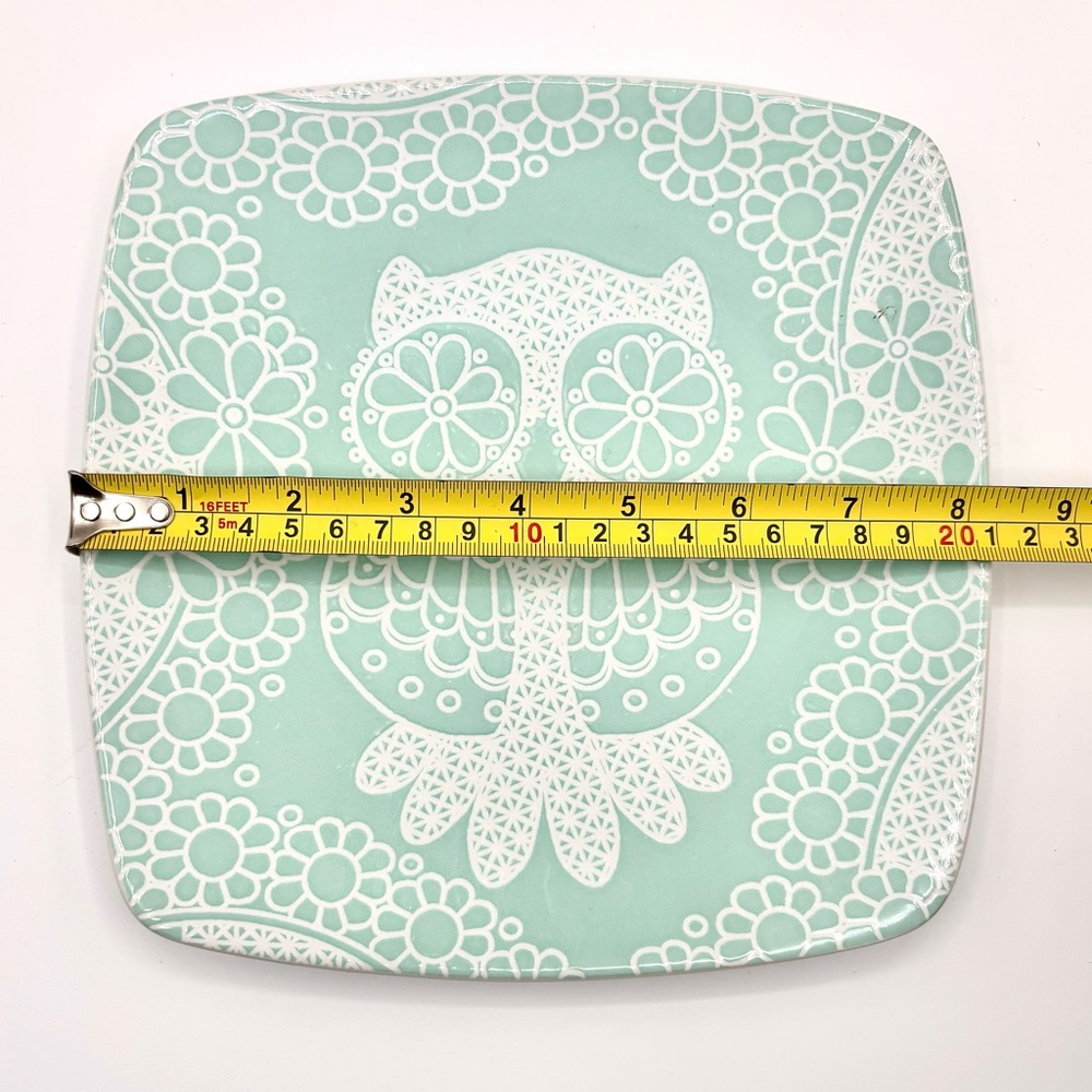 Roscher Mint / Seafoam Green Lace Owl Pattern Square Salad Plates - Set of 2 - Picture 5 of 5